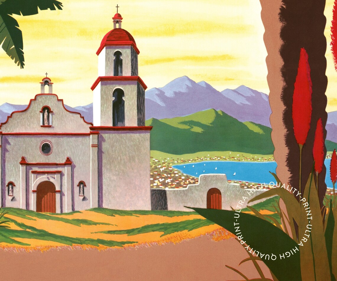 Los Angeles Vintage Mission Church Palms Airplane Sunset Travel Poster - Image 5