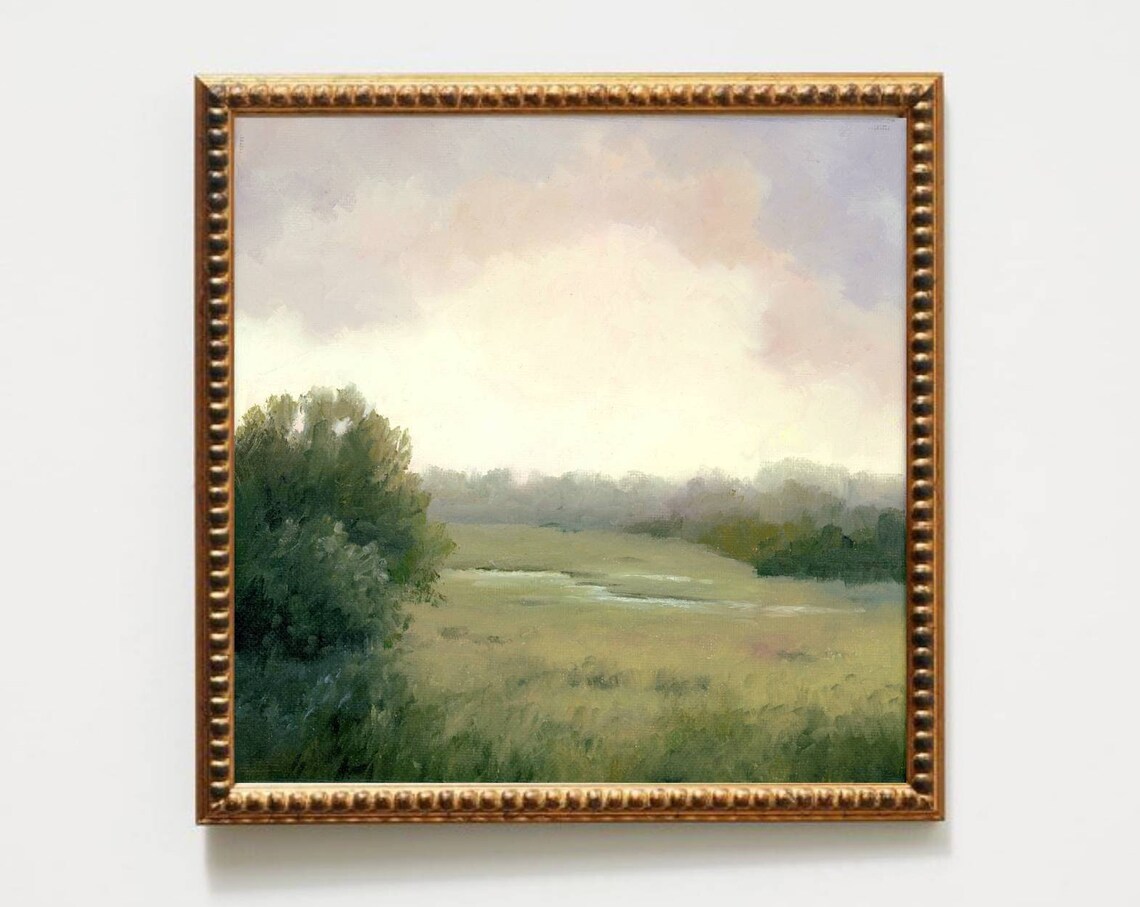 Countryside Sunrise Meadow Art Print, Pink Clouds