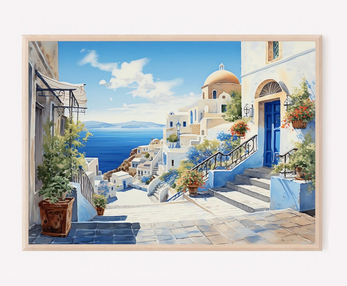 Santorini Greece Watercolor Painting White Village Blue Door Steps Poster