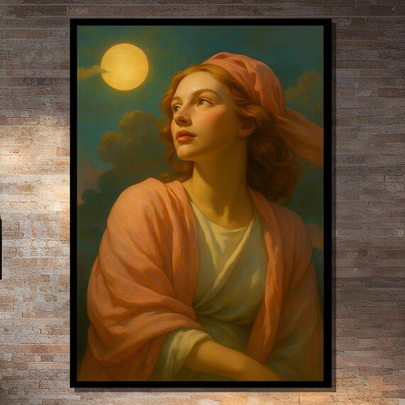 Romantic Woman Under Moonlight in Pink Headscarf Painting Poster
