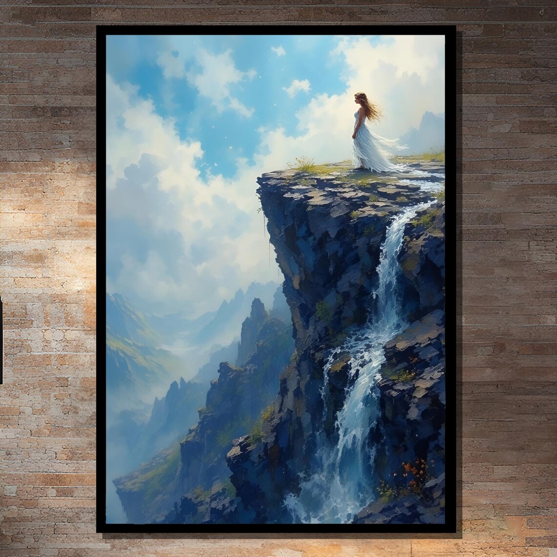 Woman Standing On Cliff Above Waterfall, Majestic Wall Decor