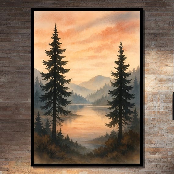 Peaceful Mountain Lake Painting, Serene Nature Art Print