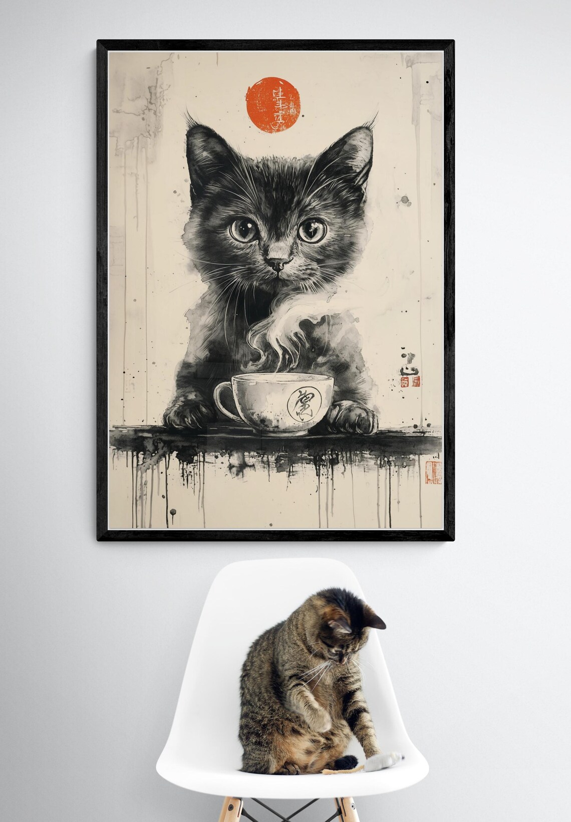 Black Cat With Tea Cup Minimalist Japanese Ink Wash Art Poster - Image 3