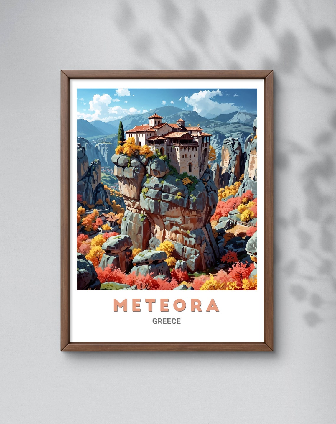 Meteora Autumn Monastery Rock Pillar Golden Trees Travel Poster
