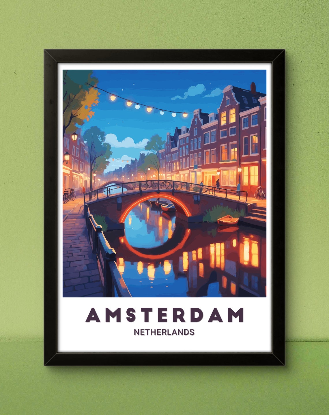 Amsterdam Canal Bridge Night Lights Netherlands Travel Poster - Image 3