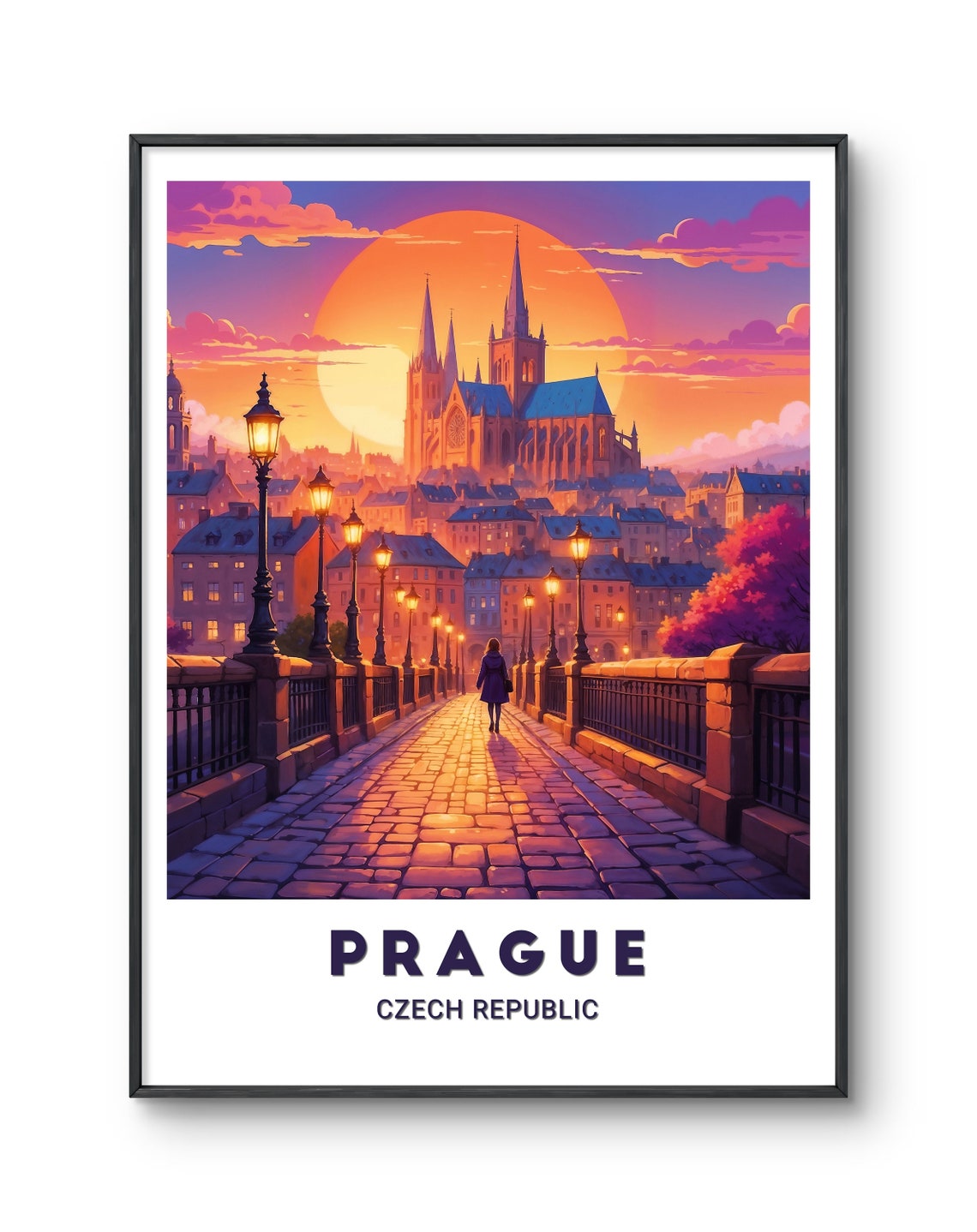 Prague Charles Bridge Sunset Cathedral Czech Republic Poster - Image 2