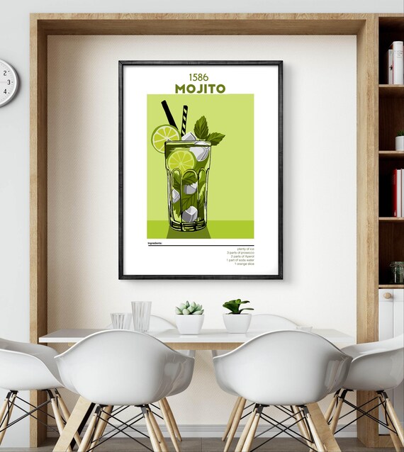 Vintage 1586 Mojito Cocktail Recipe Mint Lime Home Bar Art Poster