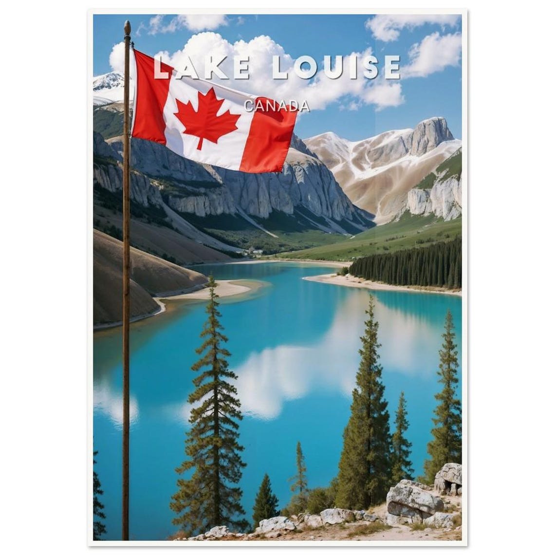 Lake Louise Canada Turquoise Lake Mountain Flag Travel Poster