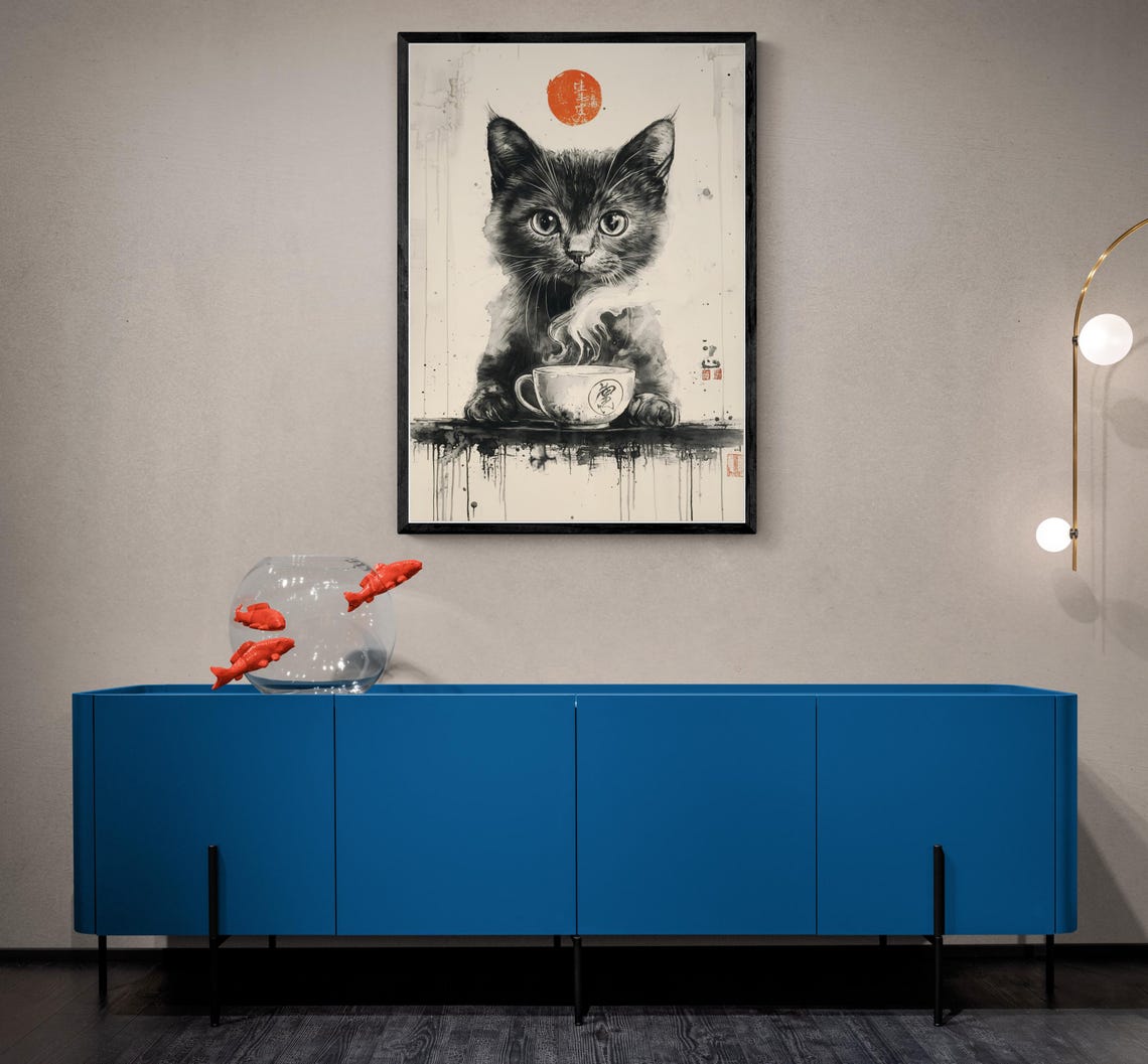 Black Cat With Tea Cup Minimalist Japanese Ink Wash Art Poster - Image 2