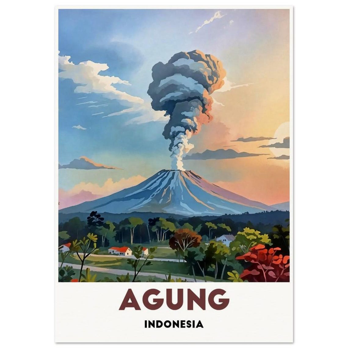 Mount Agung Indonesia Smoking Volcano At Sunset Travel Poster - Image 3