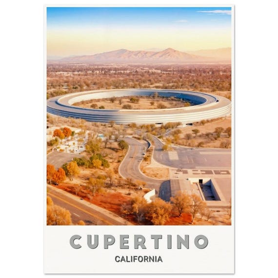 Cupertino Poster Iconic Apple Campus And Californias Golden Landscape Art Print For Tech Lovers
