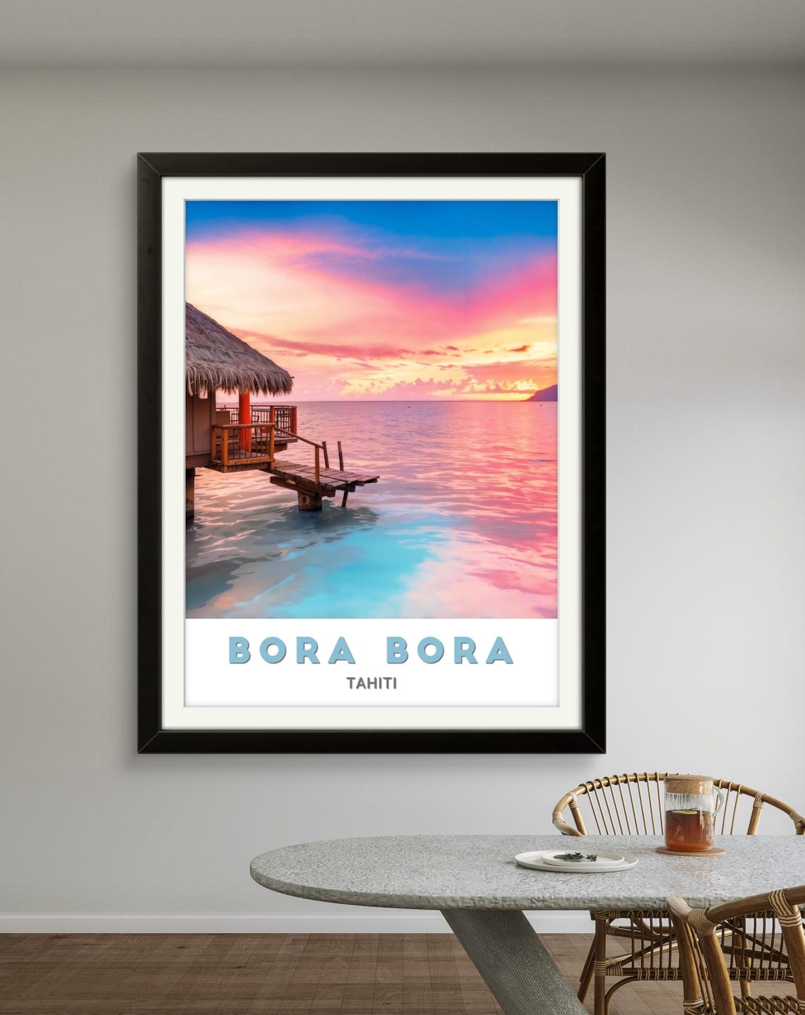 Bora Bora Tahiti Overwater Bungalow Purple Sunset Calm Sea Poster - Image 2