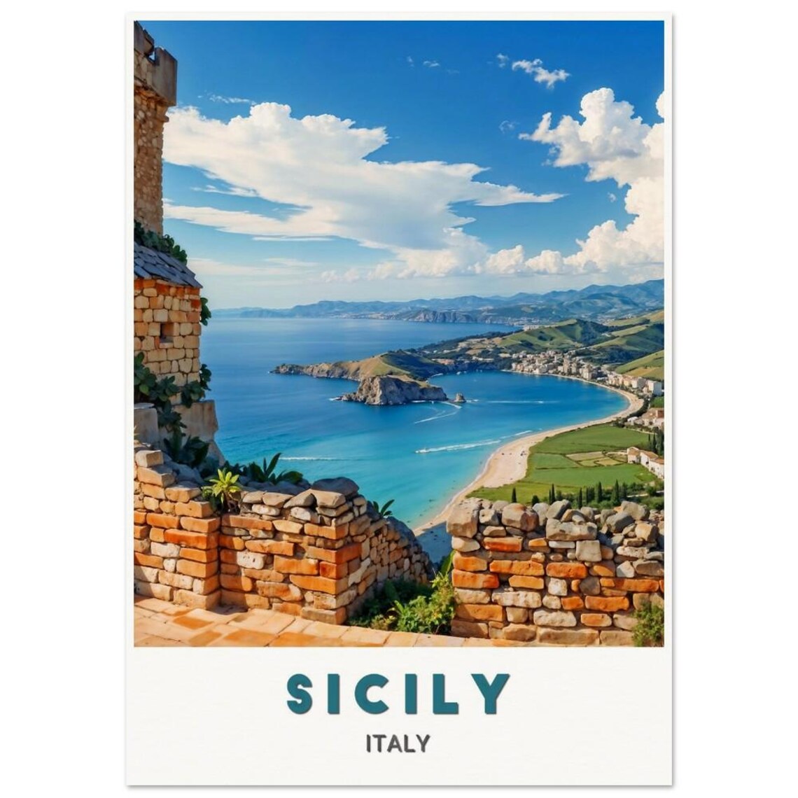 Sicily Italy Turquoise Bay Coastal View Stone Terrace Poster