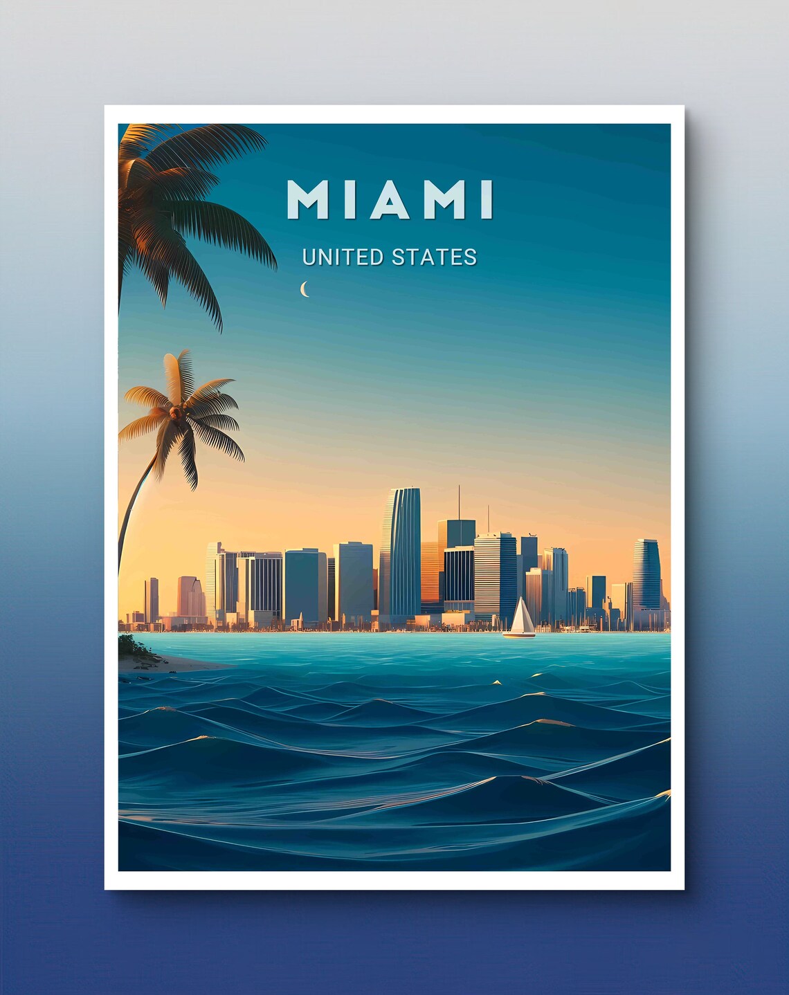Miami United States Sunset Skyline Ocean Sailboat Palm Poster