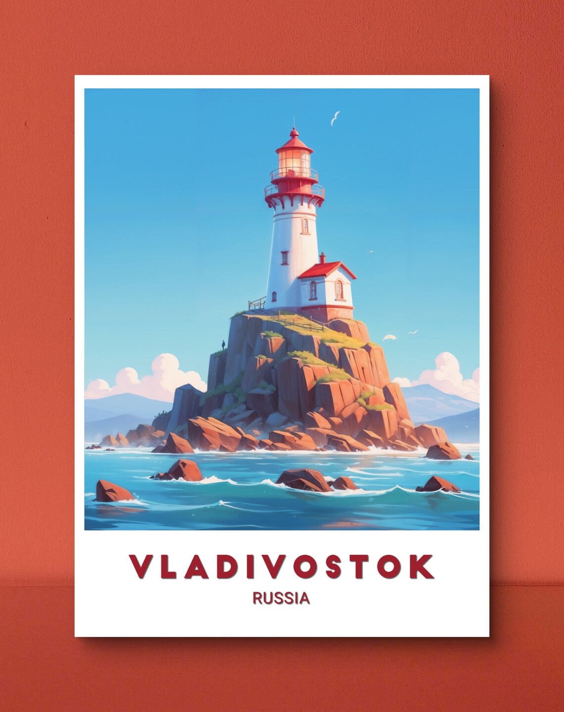 Vladivostok Russia Lighthouse on Rocky Cliff Seascape Art Poster