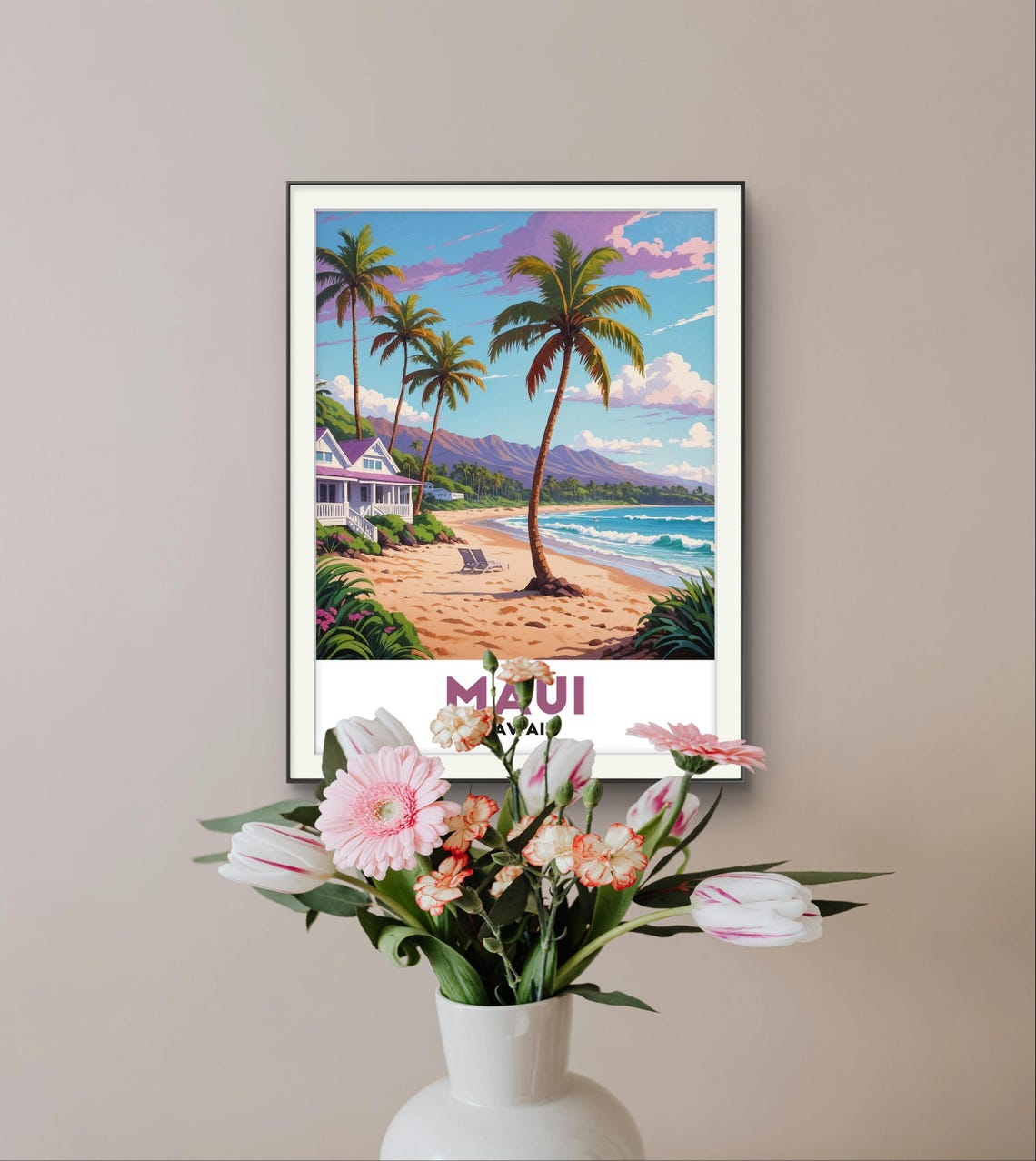 Maui Hawaii Beach House With Palms and Golden Sand Shore View Poster - Image 3