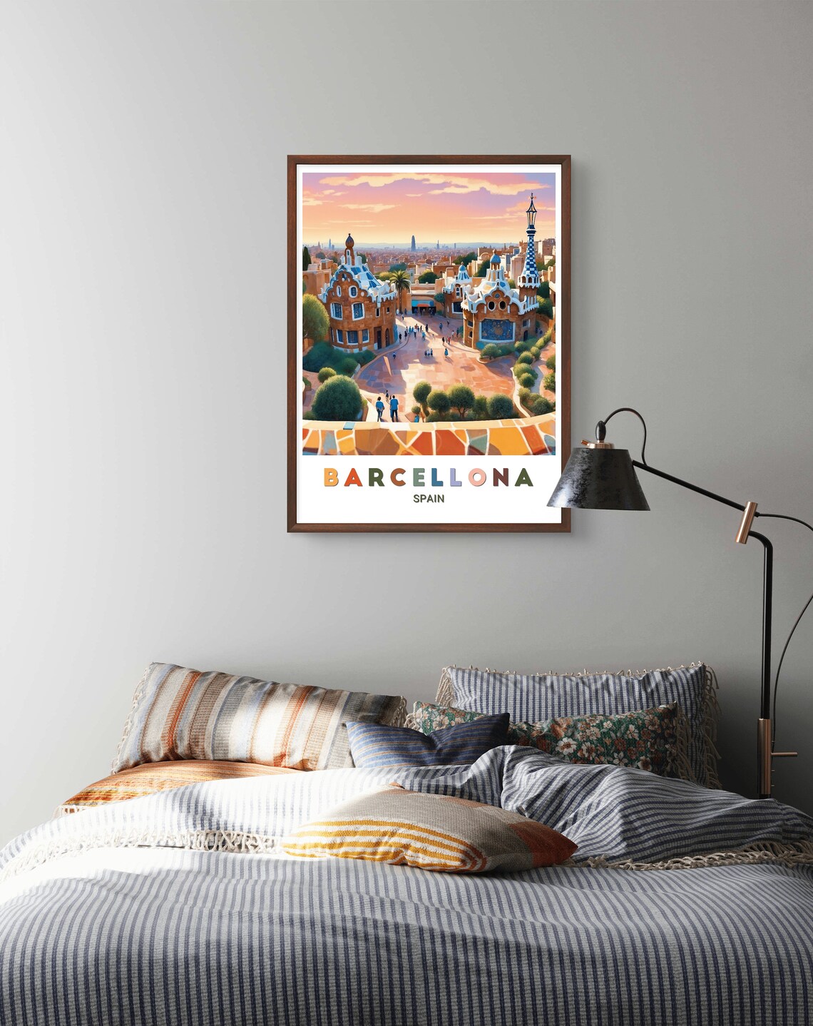 Barcelona Spain Park Guell Sunset Mosaic Gatehouses View Travel Poster - Image 2
