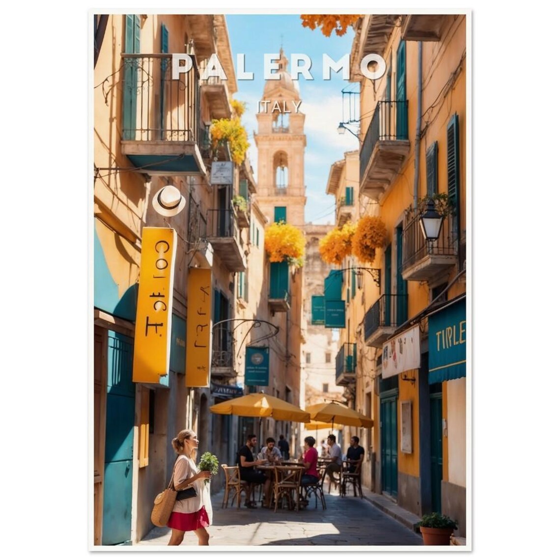 Palermo Italy Sunny Old Street Cafes Church Tower Sicily Poster - Image 3