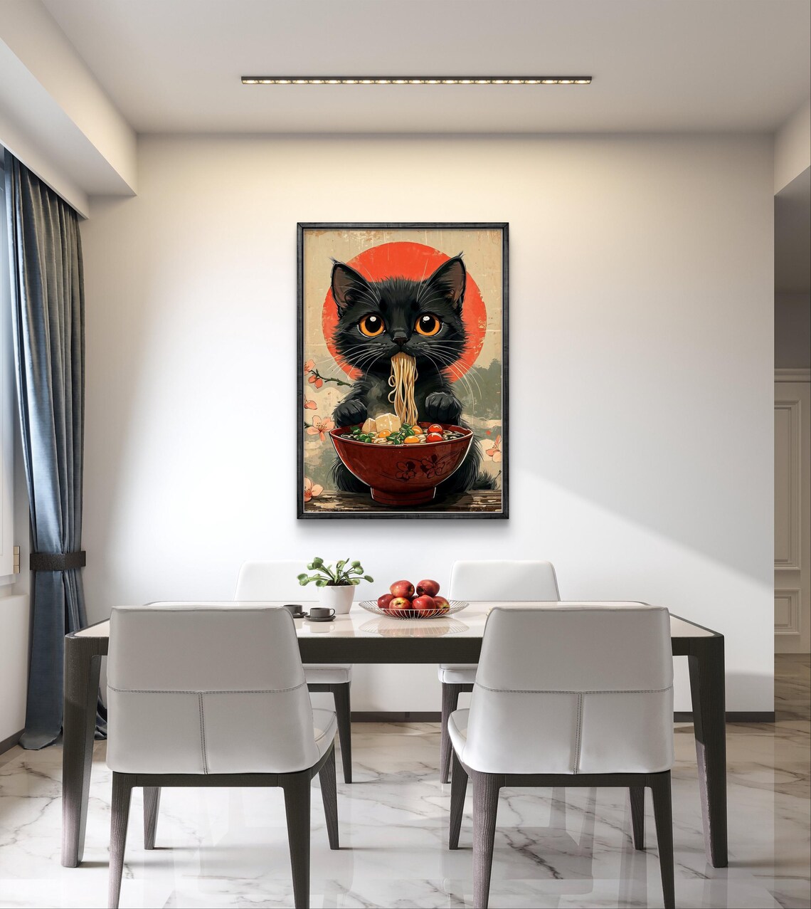 Japanese Black Cat Eating Ramen Bowl Cherry Blossom Cute Animal Poster - Image 2