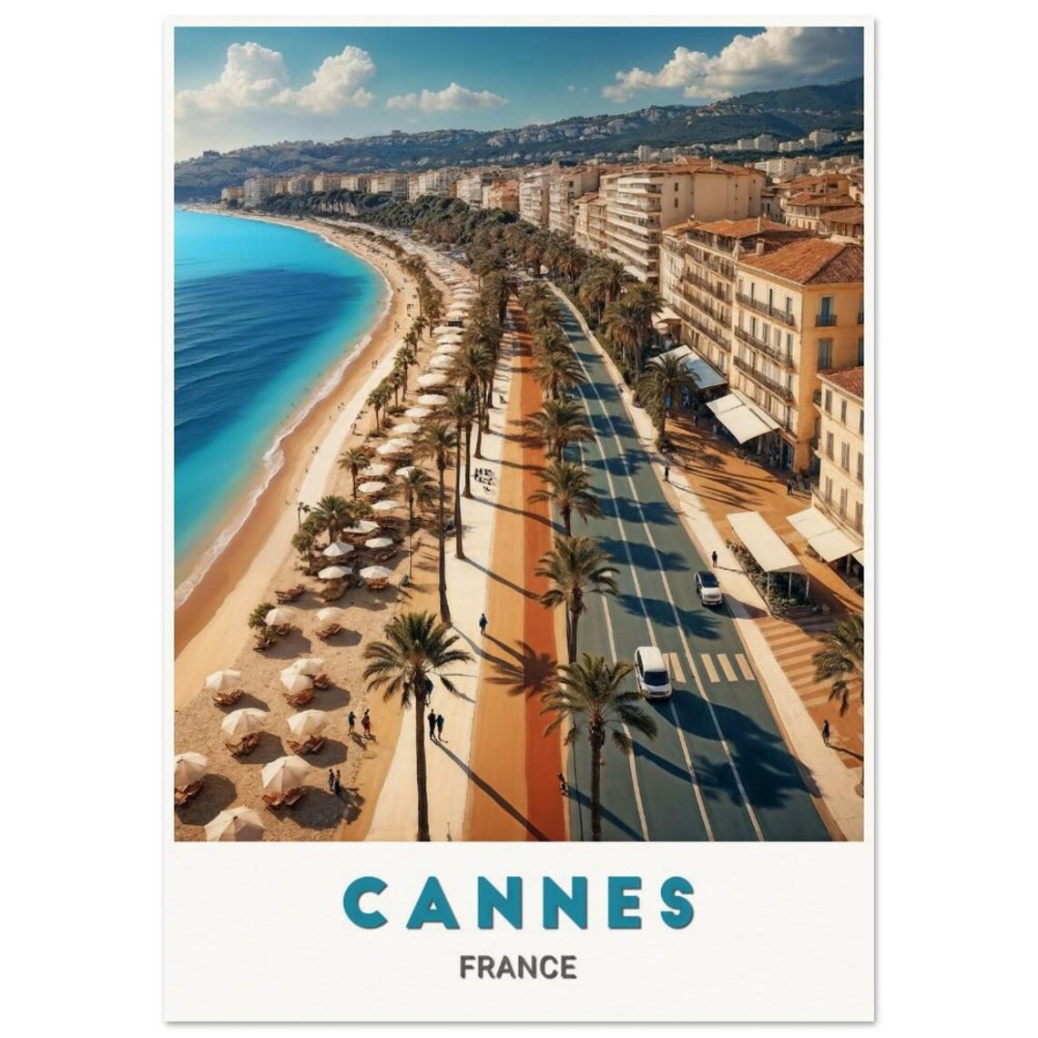 Cannes Sunny Palm Lined Beachfront Promenade France Travel Poster