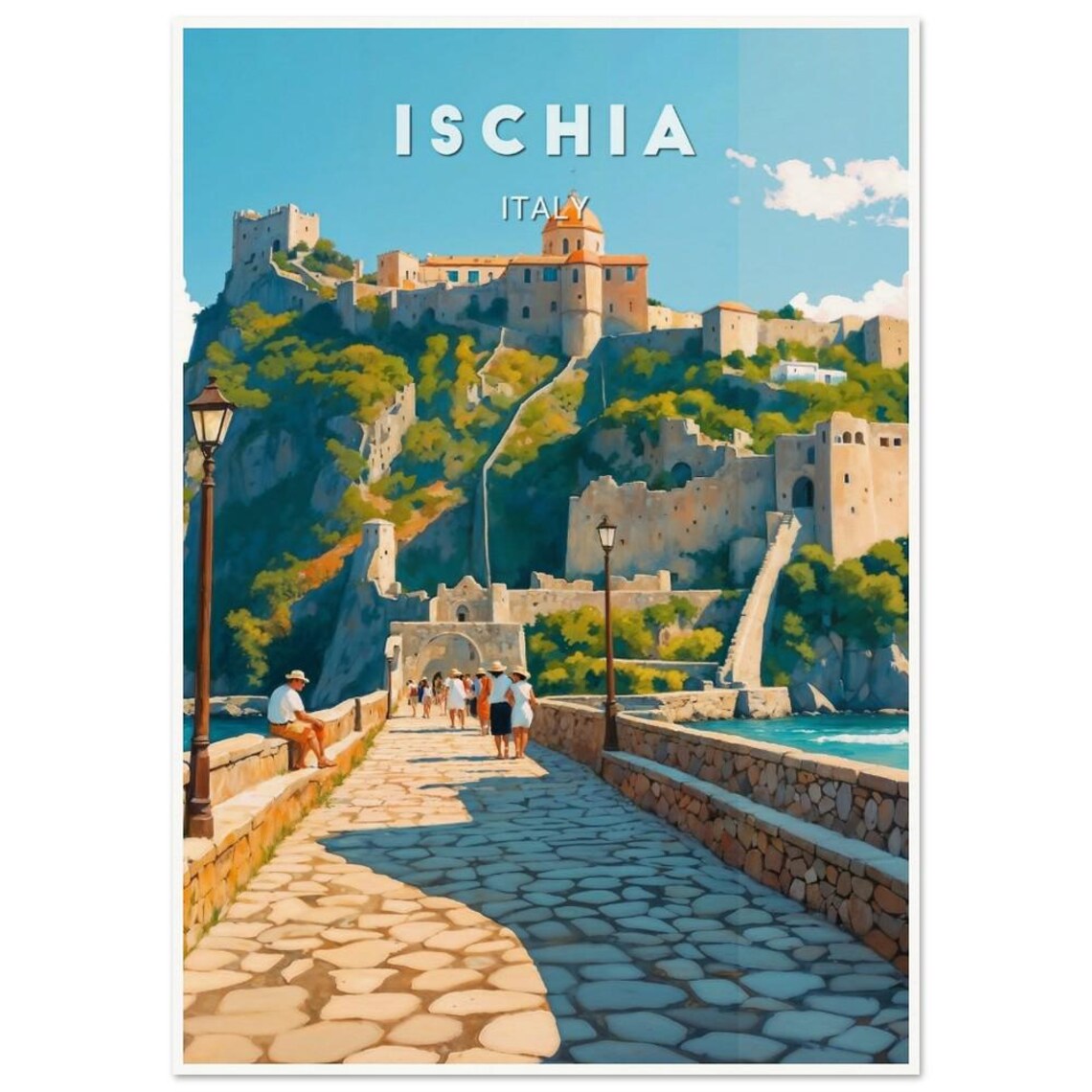 Ischia Italy Seaside Clifftop Ancient Castle Causeway Travel Poster