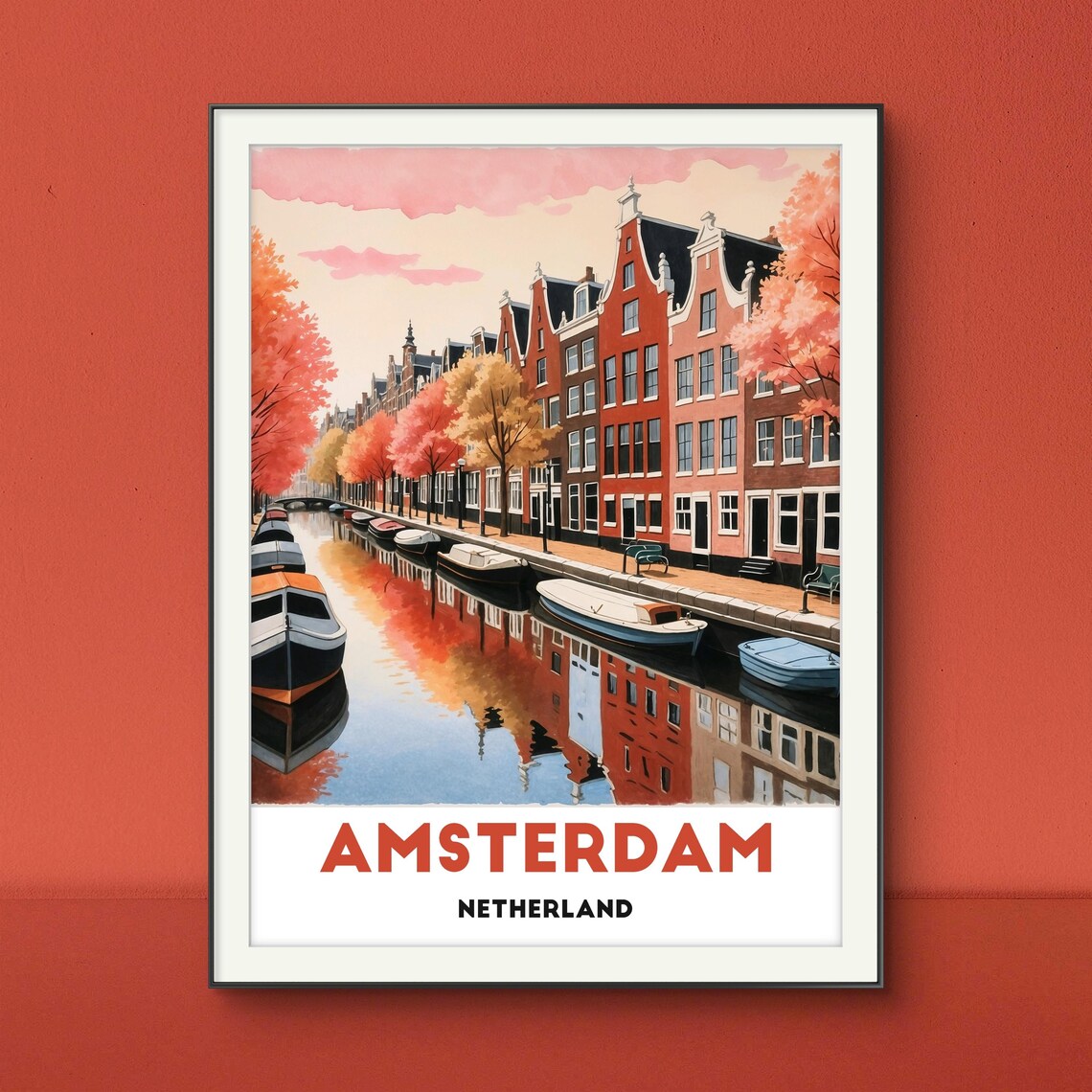 Amsterdam Netherlands Autumn Canal With Boats Watercolor Travel Poster - Image 2
