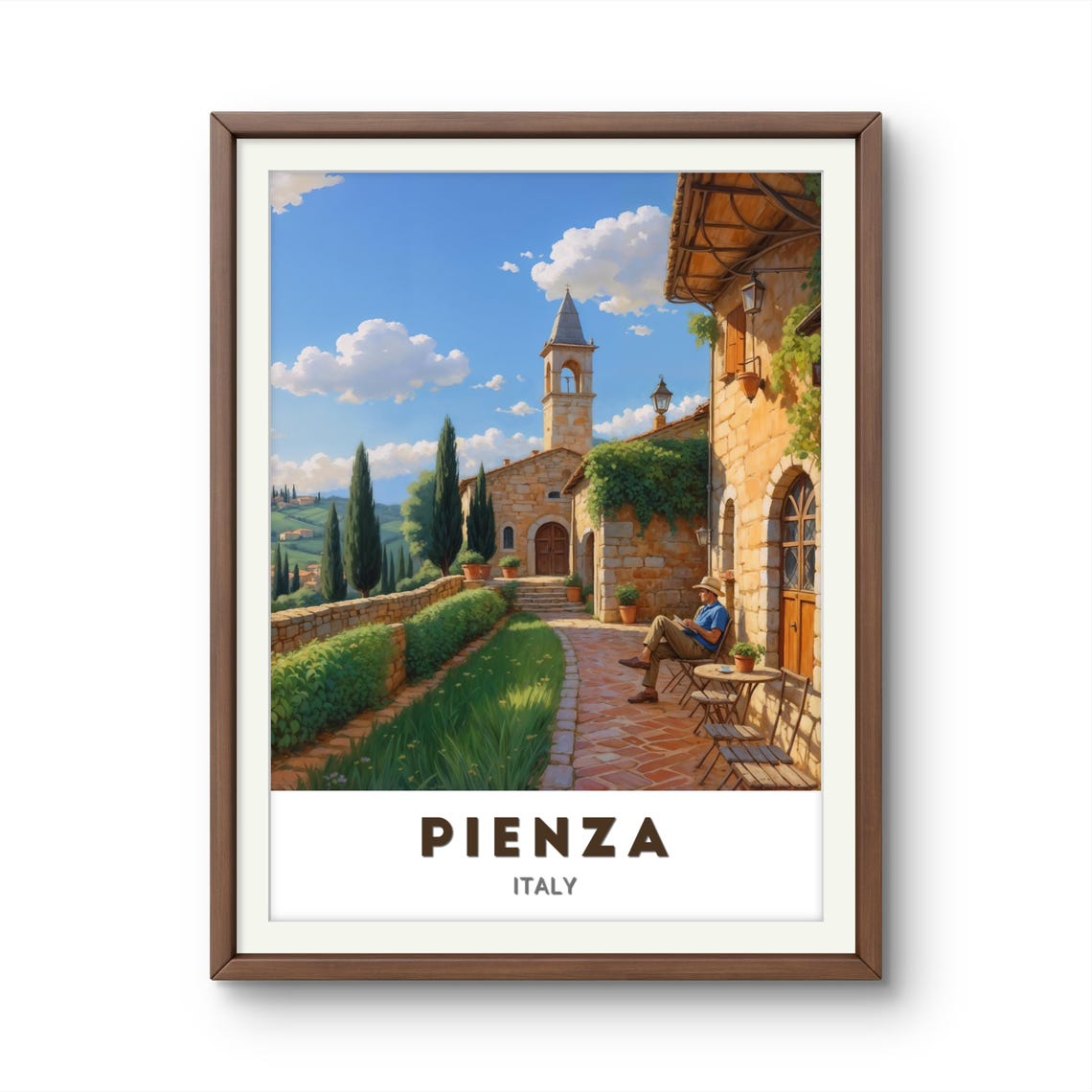 Pienza Italy Stone Courtyard Bell Tower Cafe Tuscan Art Poster - Image 2