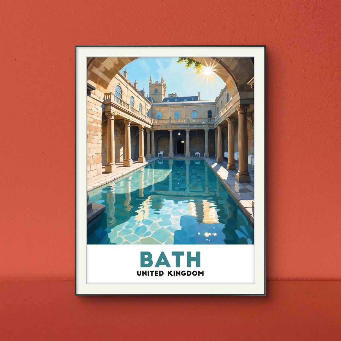 Bath United Kingdom Roman Baths Sunlit Colonnade Pool Travel Poster - Image 3