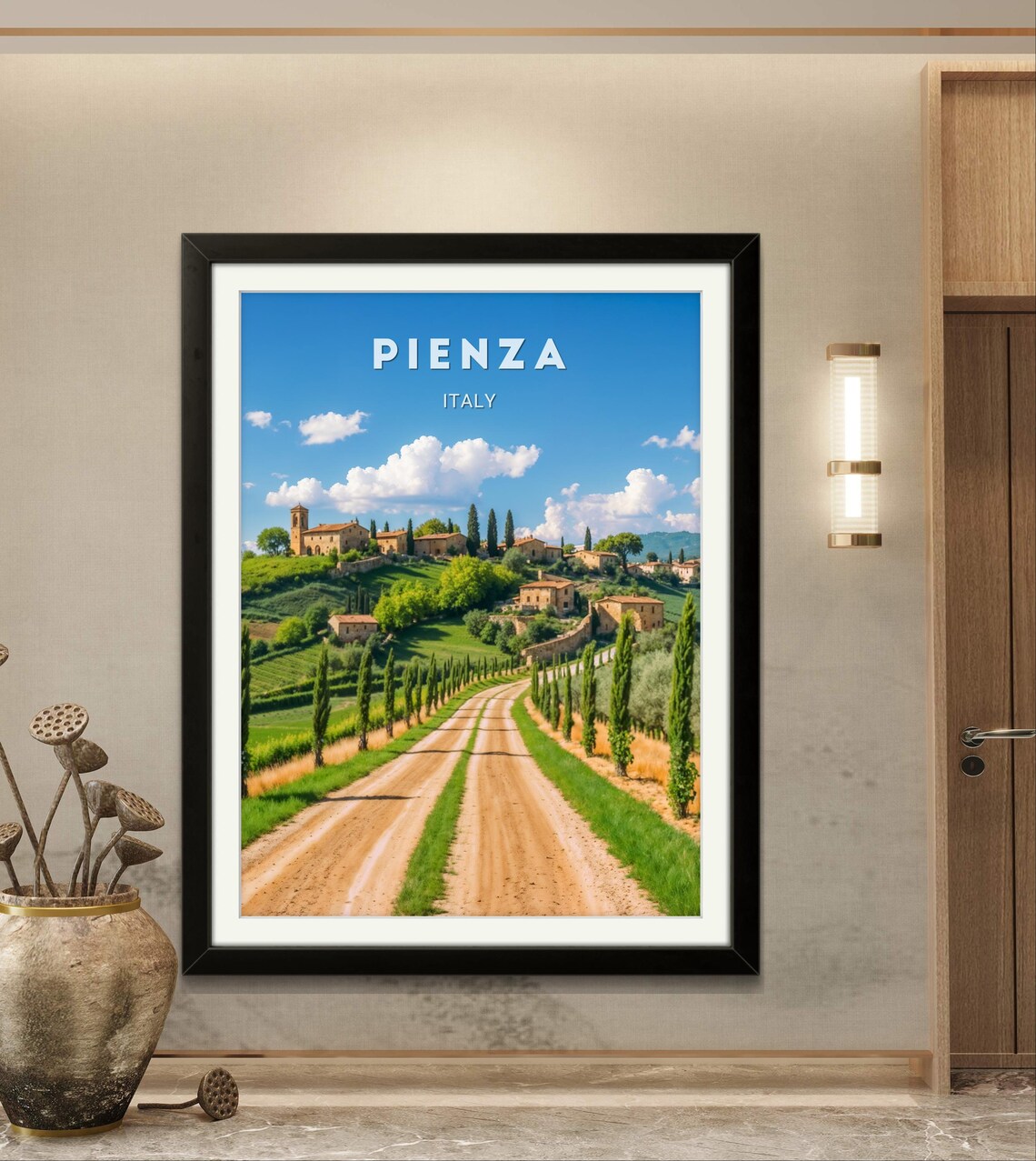 Pienza Italy Cypress Lined Dirt Road Tuscan Village Hills Poster - Image 2