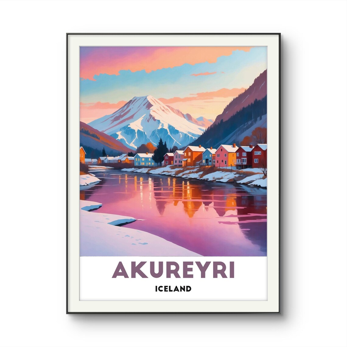 Akureyri Iceland Snowy Nordic Town Winter Reflection Travel Poster - Image 2