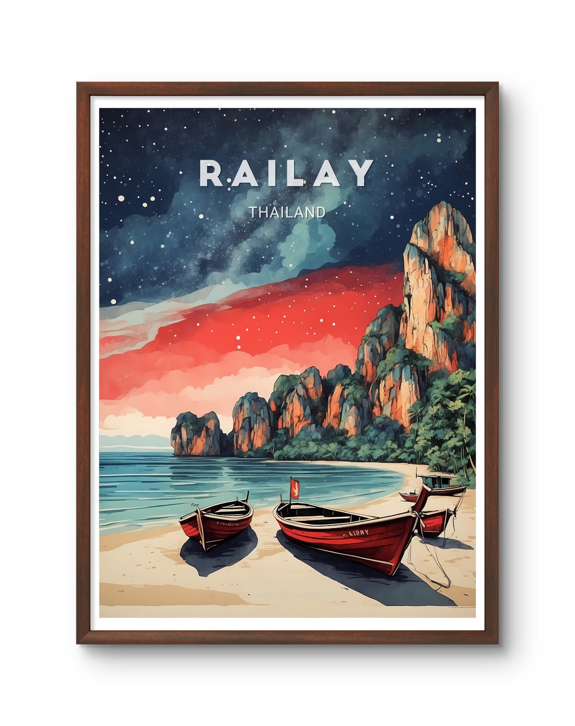 Railay Thailand Starry Night Beach Boats Limestone Cliffs Poster