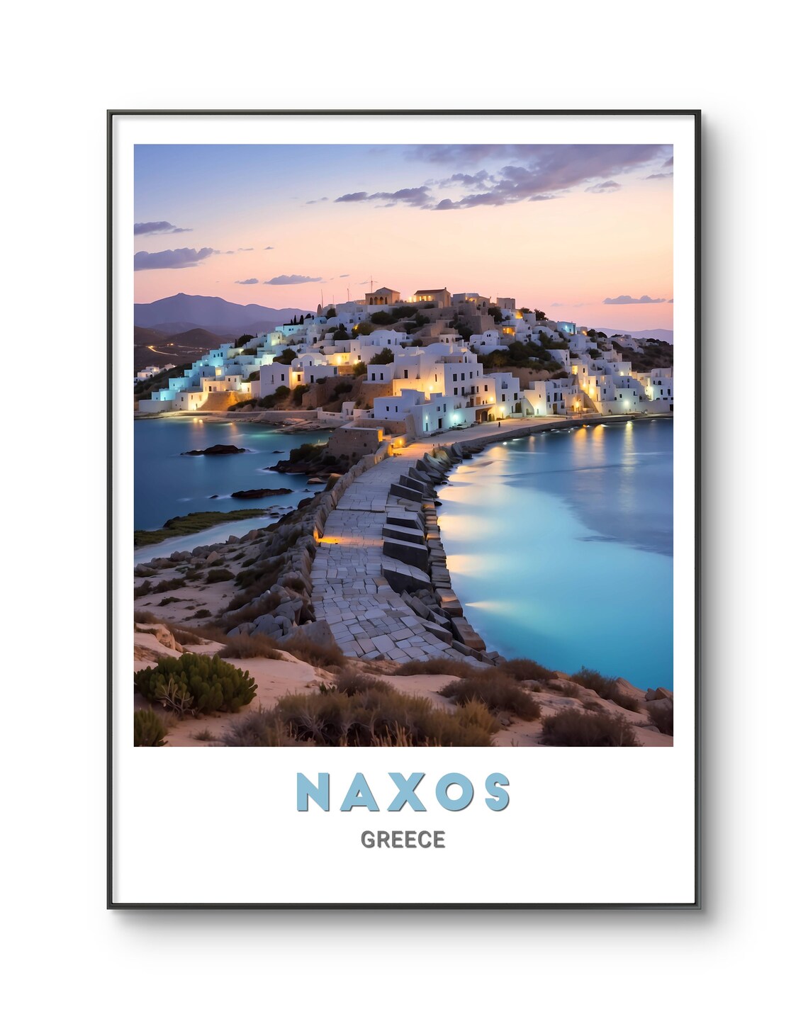 Naxos Greece Whitewashed Village Dusk Coastline Travel Poster