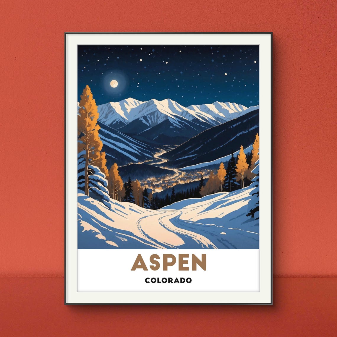 Aspen Colorado Moonlit Snowy Mountain Valley Night Travel Poster