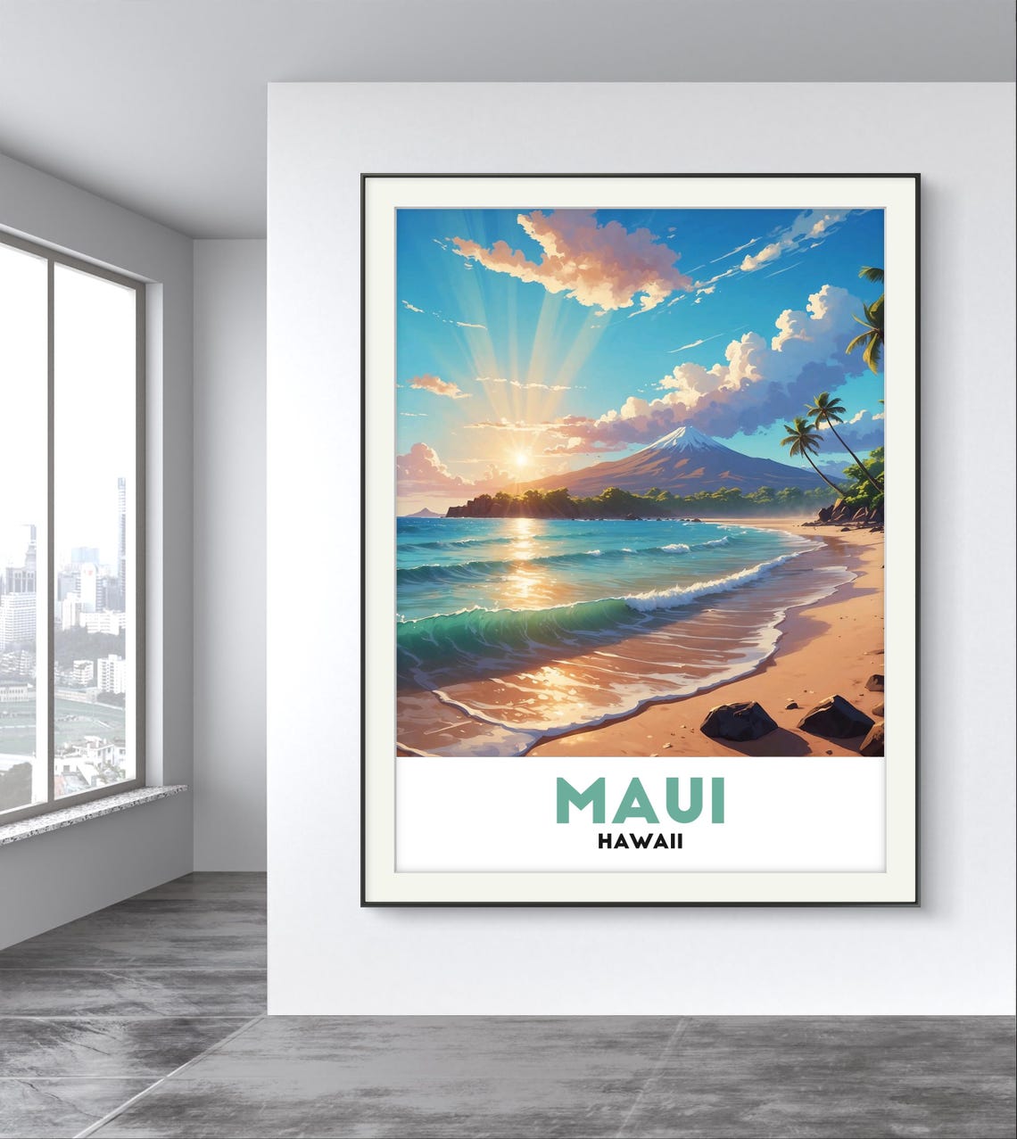 Maui Hawaii Sunrise Tropical Beach Illustrated Travel Poster