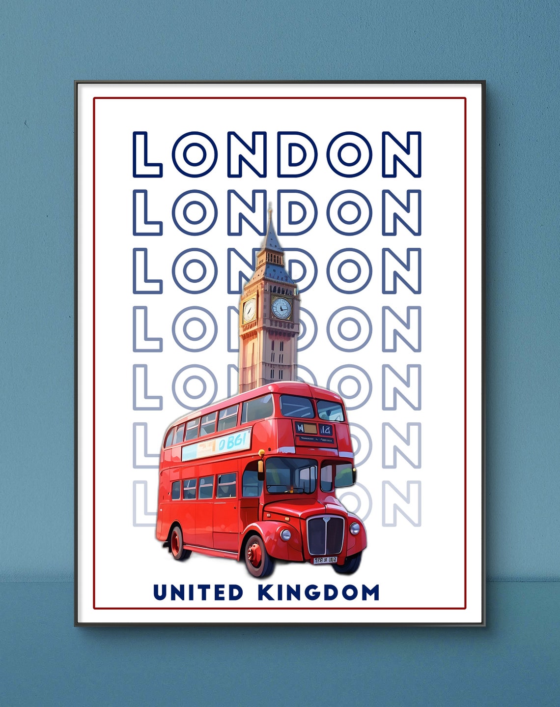 London England Poster Big Ben and Red Double Decker Bus White Design