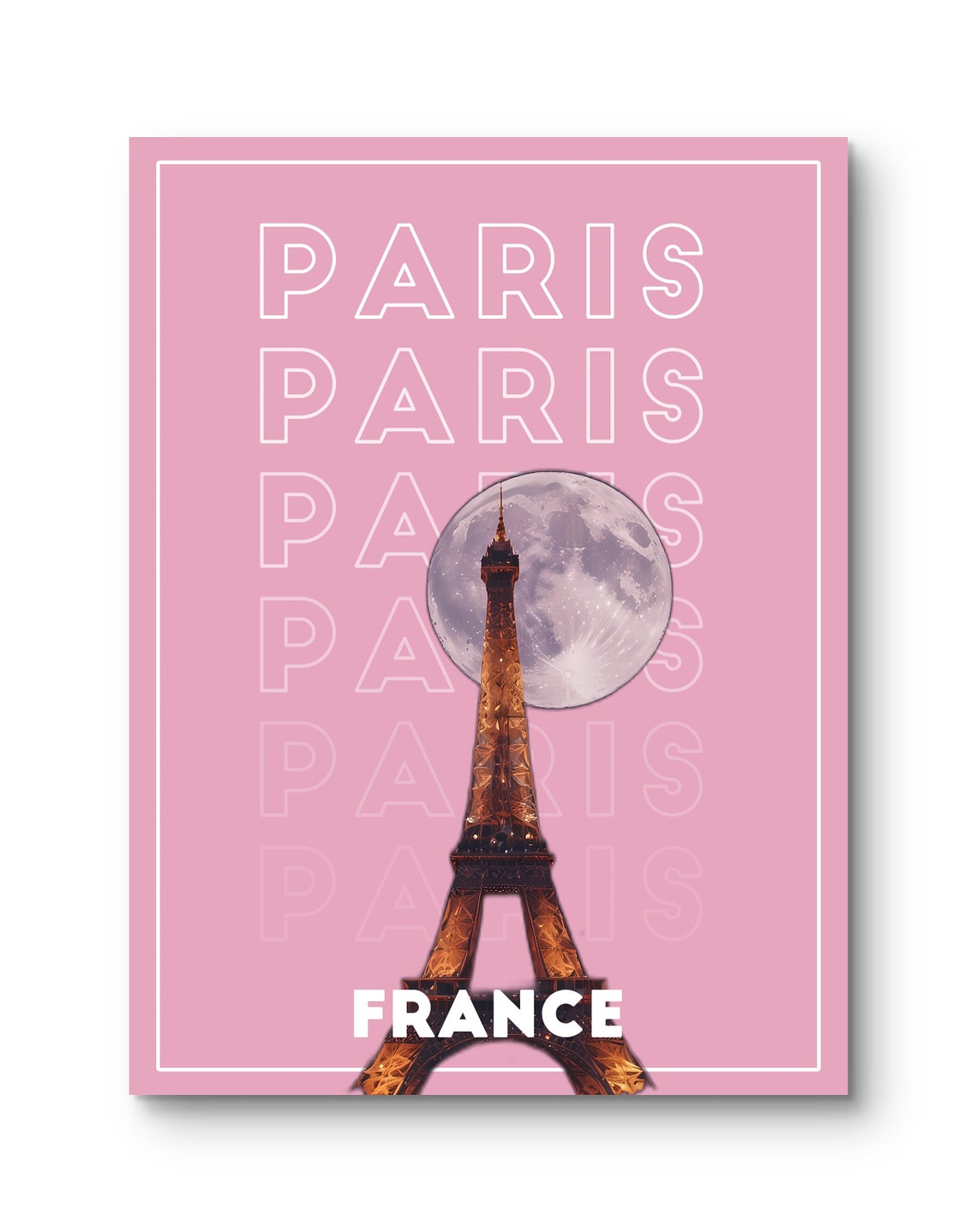 Paris France Eiffel Tower Full Moon Pink Romantic City Night Poster
