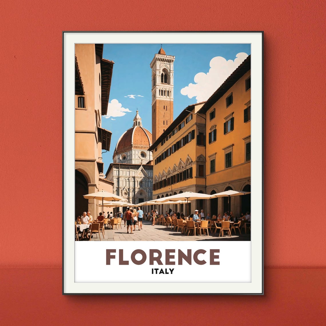 Florence Italy Duomo Cathedral Cafe Street Sunny Piazza Travel Poster
