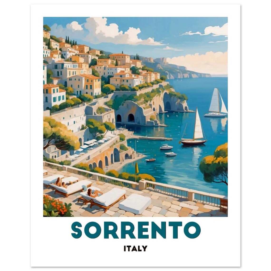 Sorrento Italy Hillside Seaside Village Sun Loungers Travel Poster - Image 3