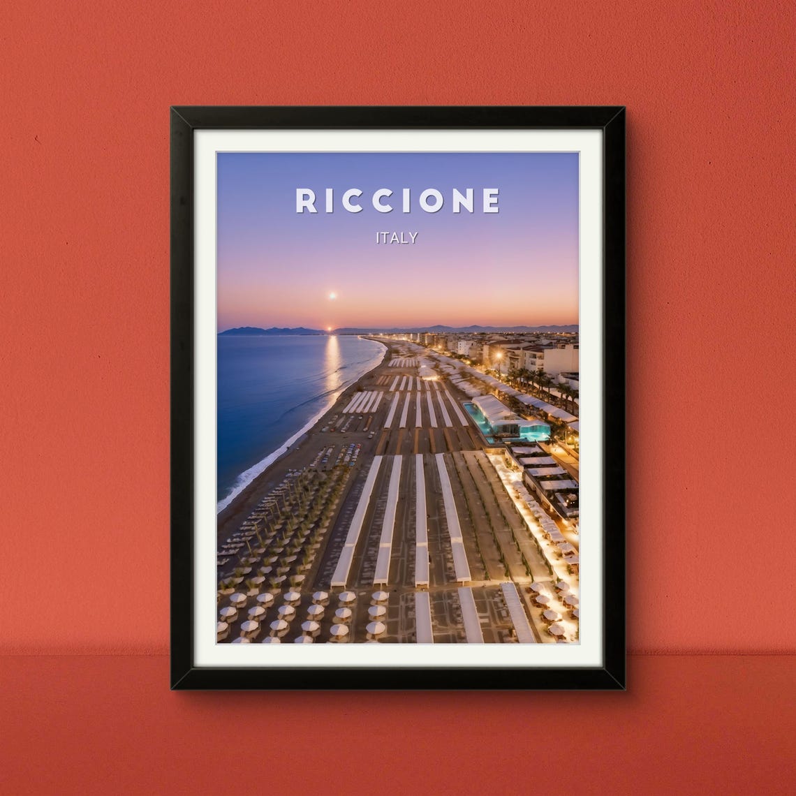 Riccione Italy Sunset Beach Moonrise Umbrellas Evening Poster - Image 2