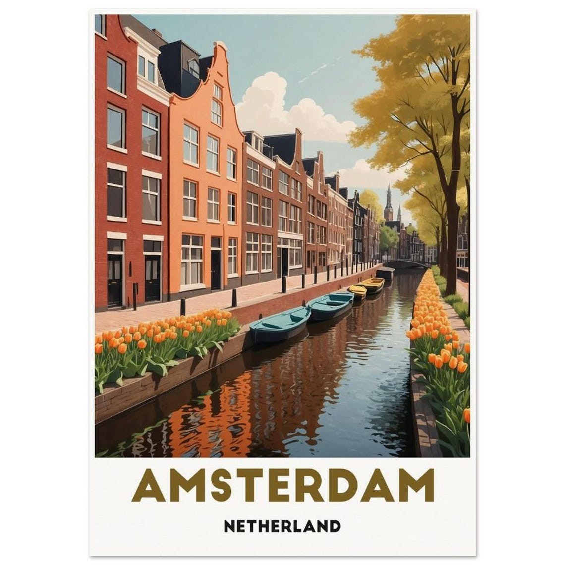 Amsterdam Netherlands Tulip Lined Canal With Boats Travel Poster - Image 3