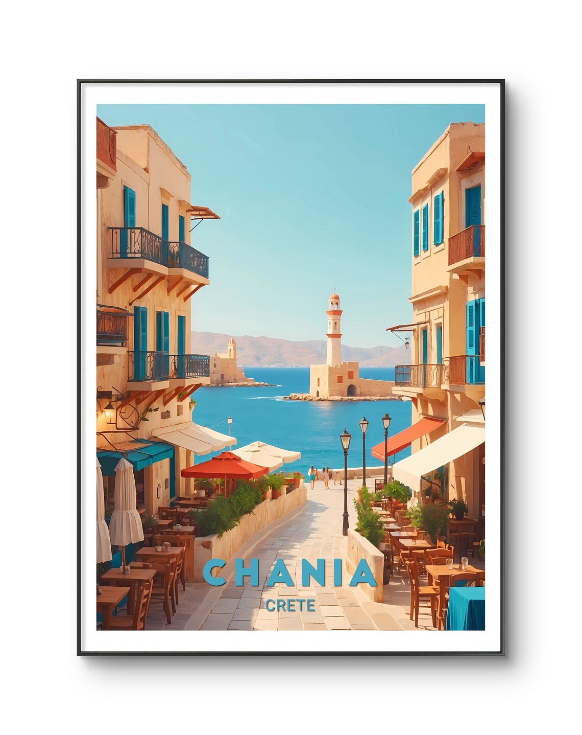 Chania Crete Harbor Lighthouse Street Scene Travel Old Town Poster