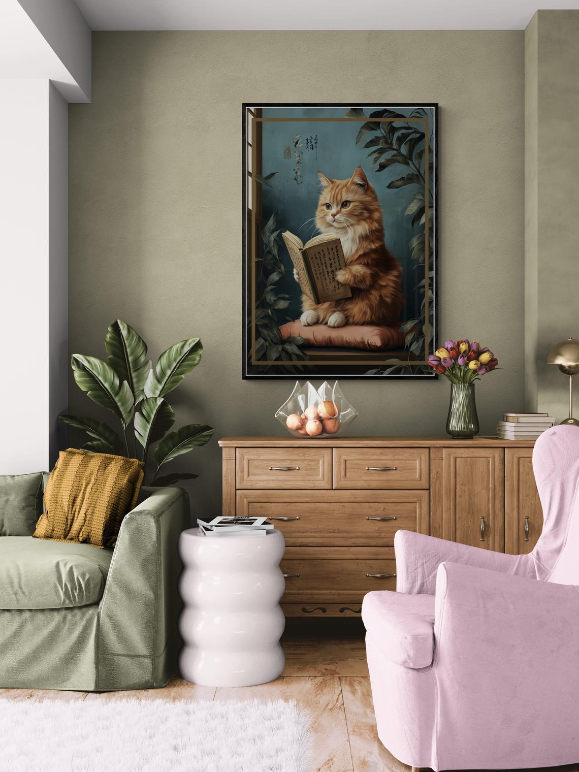 Orange Cat Reading Book Japanese Style Scholar Cat Art Poster - Image 3