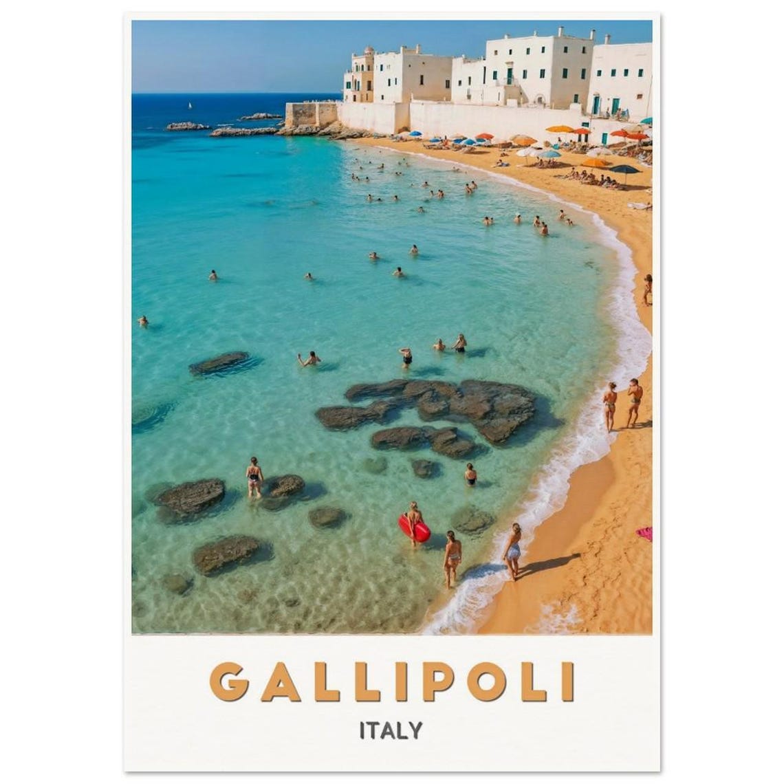 Gallipoli Italy Sunny Beach Swimmers Whitewashed Town Art Poster