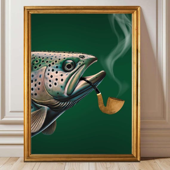 Trout Smoking A Pipe Vintage Poster Art Funny Retro Whimsical Print Cabin Wall Decor Vintage Pipe Smoker Poster Gift For Dad Art
