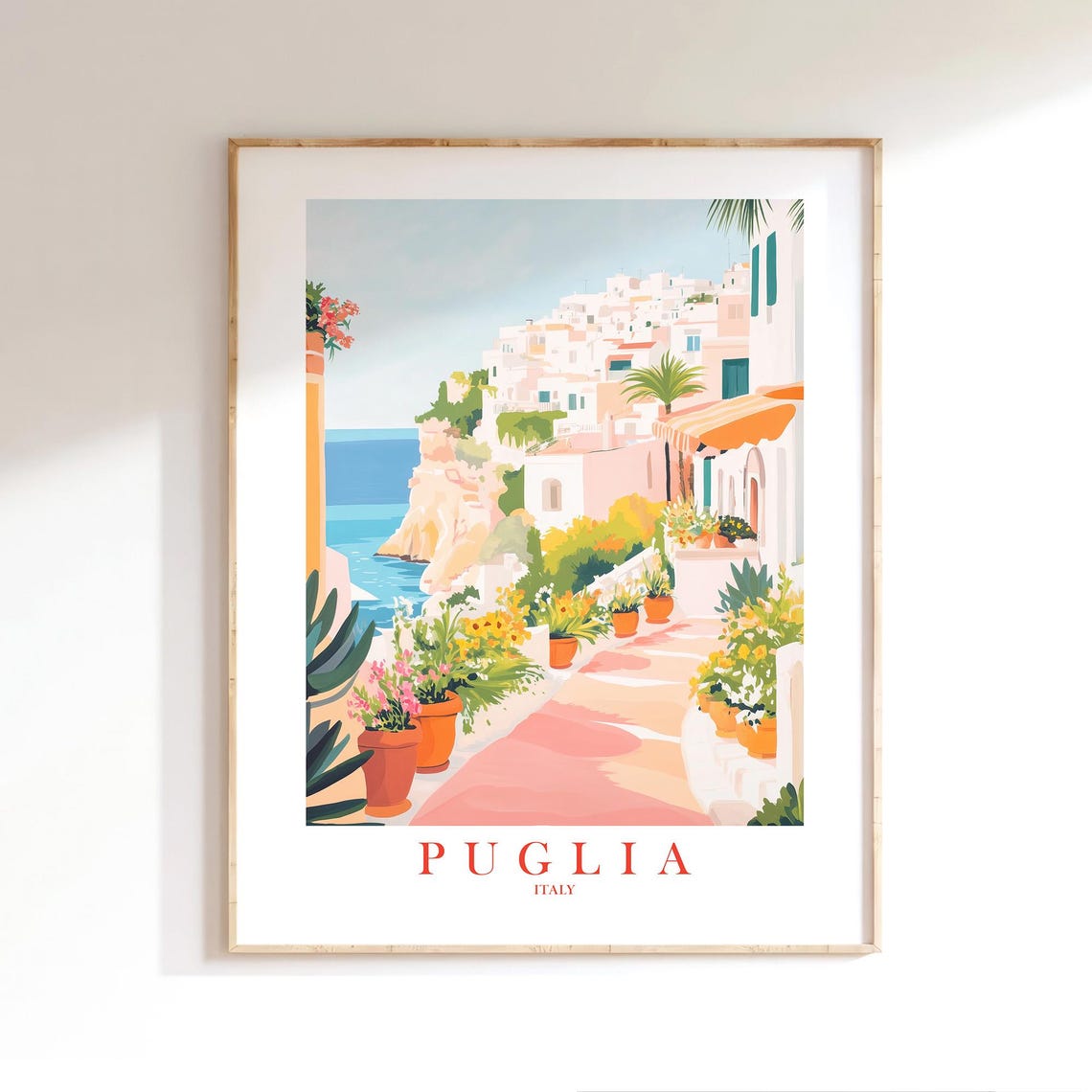 Puglia Italy Whitewashed Coastal Town Flower Lane Travel Poster