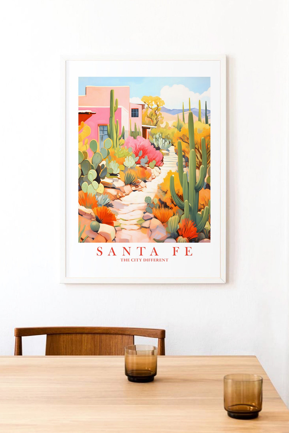 Santa Fe New Mexico Colorful Cactus Garden Desert Town Travel Poster