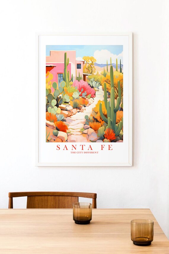 Santa Fe New Mexico Colorful Cactus Garden Desert Town Travel Poster