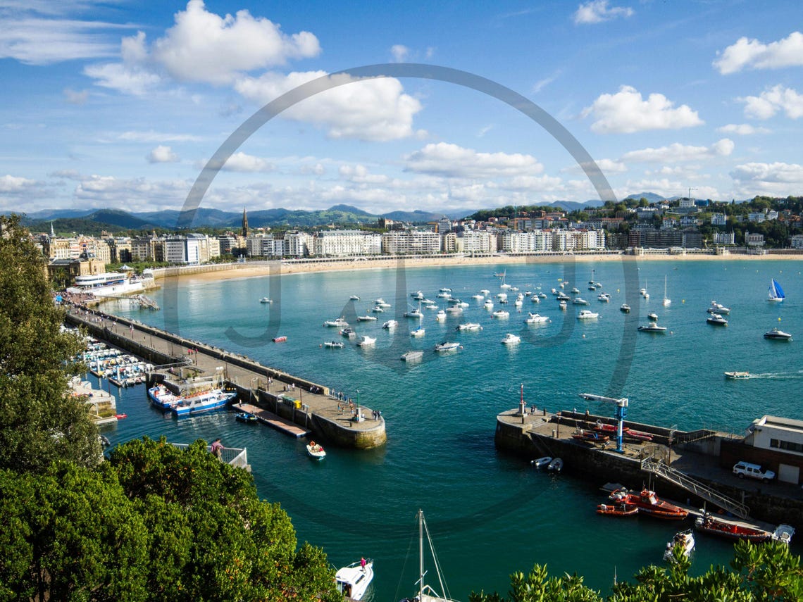 Curved Bay Beach Bustling Harbor Sailboats Bright Sunny Day Poster - Image 3