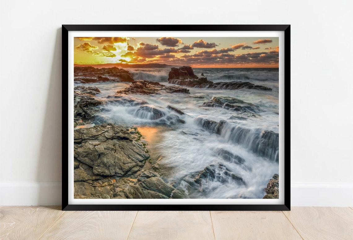 Gwithian Coast Cornwall Sunset Waves Rocky Shore Golden Poster