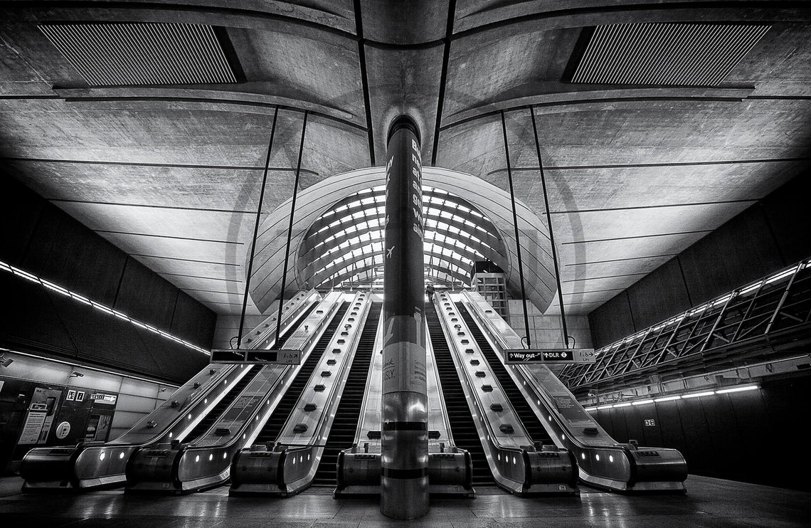 Canary Wharf Underground Station Escalators Black And White Poster - Image 3